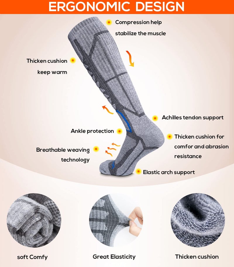 WEIERYA Ski Socks 2 Pairs Pack for Skiing, Snowboarding, Cold Weather, Winter Performance Socks (Retro Grey 2 Pairs, X-Large) - Image 2